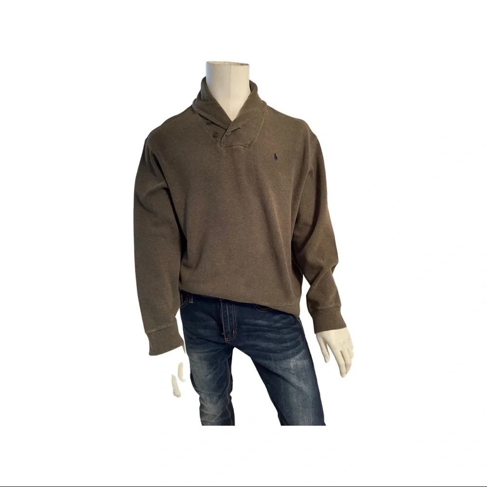 Ralph Lauren Polo Men olive Shawl two button neck sweater. Ribbed -Size XL